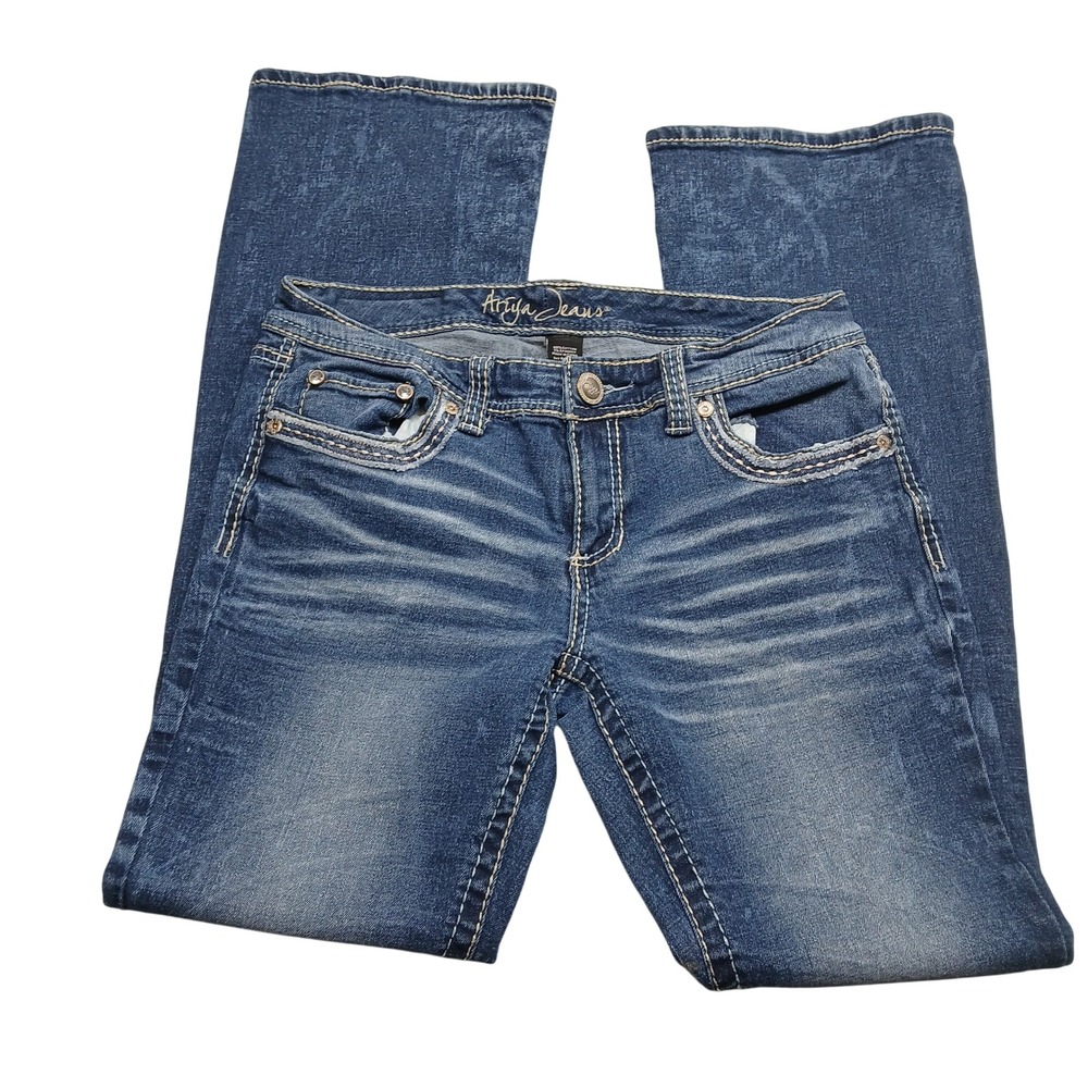 Ariya‎ Jeans Exclusively Curvy Bootcut Blue Denim Embellished Pockets Size 11/12